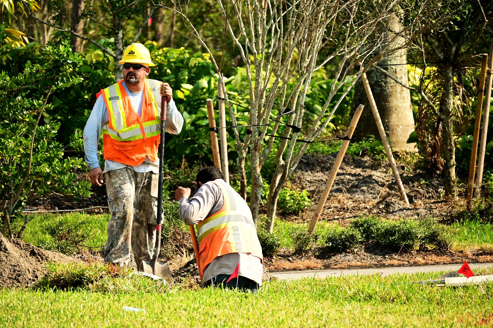 A landscaping crew planting along a bed